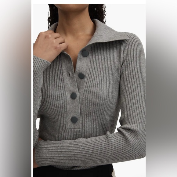 Reiss Grey Ribbed Knit Polo Top Button Front Long Sleeve Size S - Picture 1 of 11